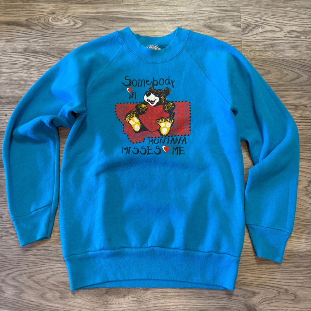 Vintage 90s Oneita Power-Sweats Montana Bear Graphic Sweatshirt Blue Small USA